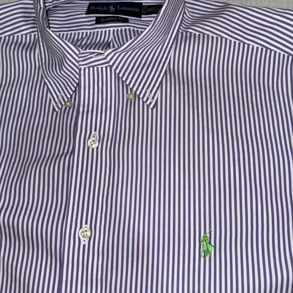 Ralph Lauren Button Down Dress Shirt Mens 16.5 L Purple Striped Long Sleeve EUC